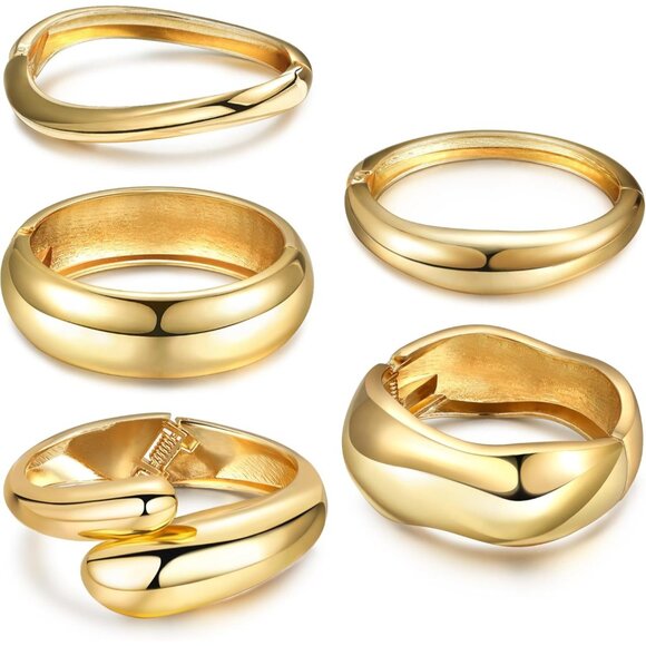 Set of 5 Gold Chunky Bracelets for Women - Elegant Statement Cuff Bangles - Picture 1 of 7